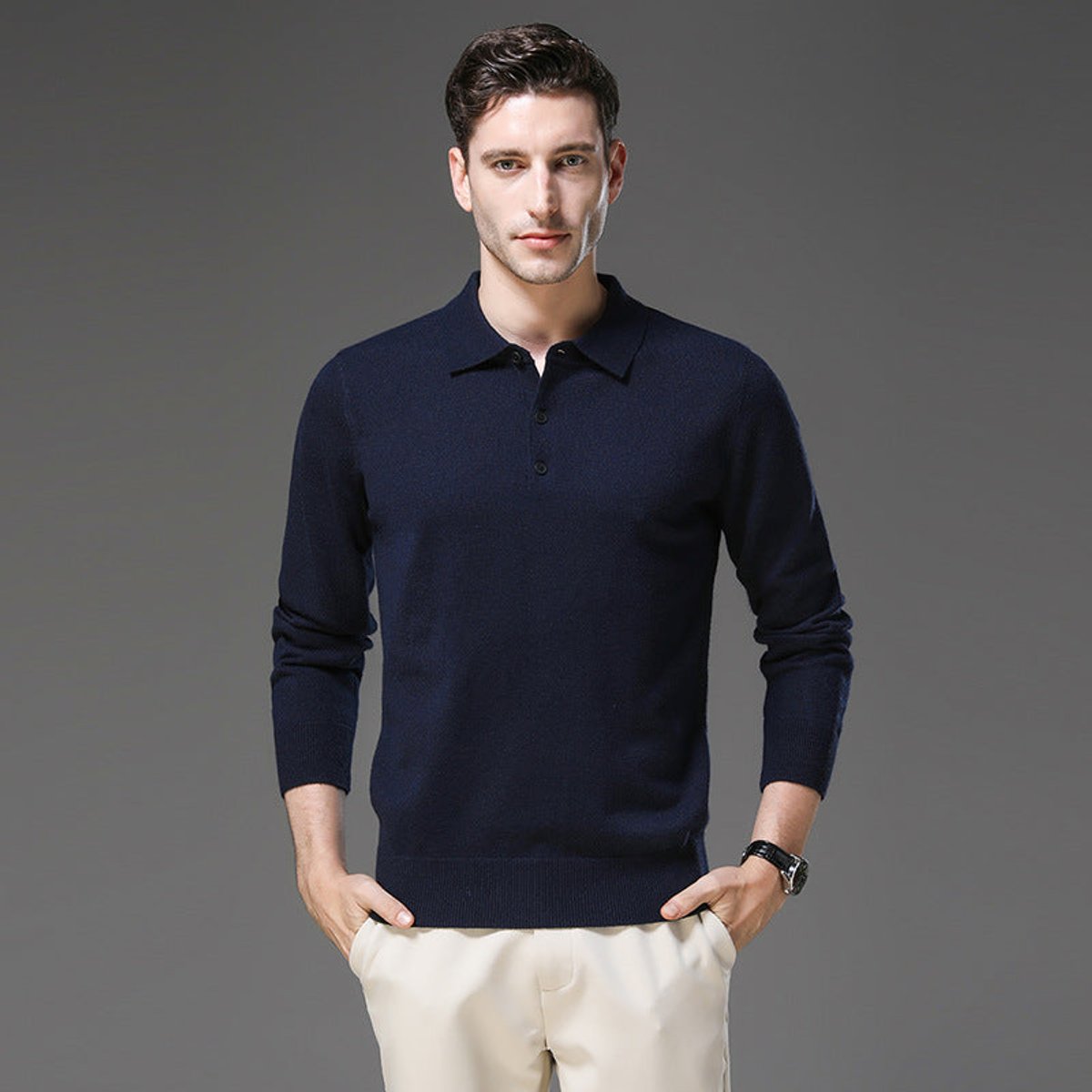 Sebastian | Herren Kaschmir Polo Knit Sweater — Langarm Business Pullover mit Knopfleiste in 5 Farben | Westmere