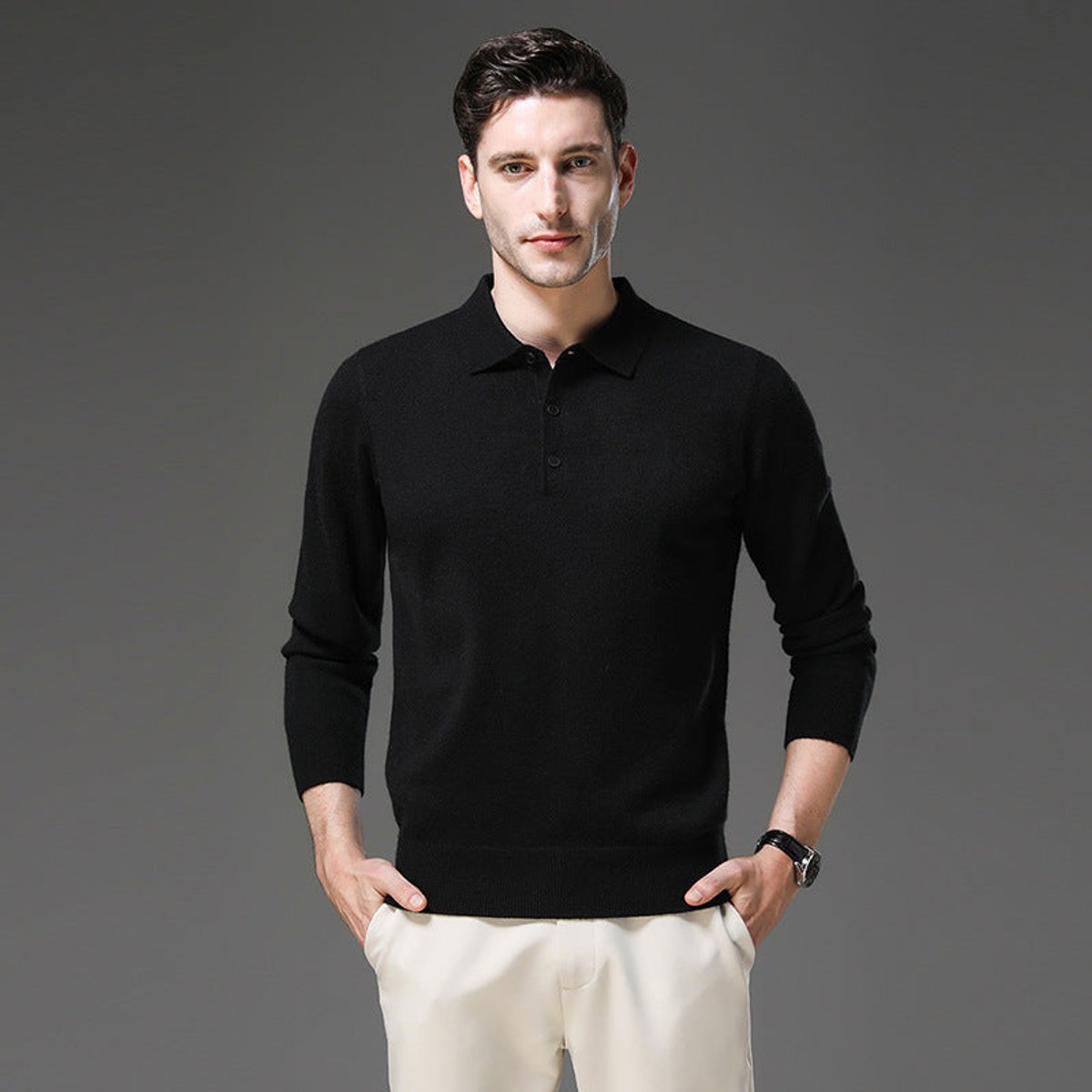 Sebastian | Herren Kaschmir Polo Knit Sweater — Langarm Business Pullover mit Knopfleiste in 5 Farben | Westmere