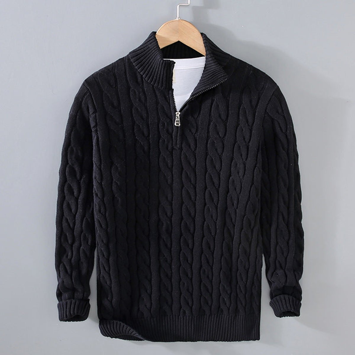 Simon | Herren Half-Zip Zopfmuster Pullover — Baumwoll-Wollmischung mit Stehkragen in 5 Farben | Westmere