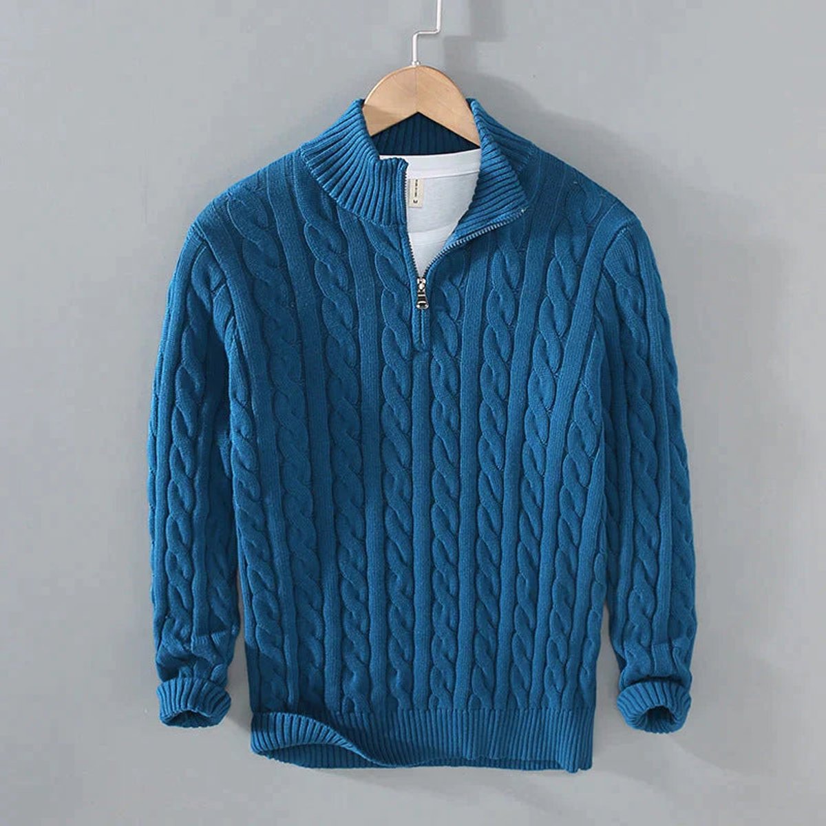 Simon | Herren Half-Zip Zopfmuster Pullover — Baumwoll-Wollmischung mit Stehkragen in 5 Farben | Westmere
