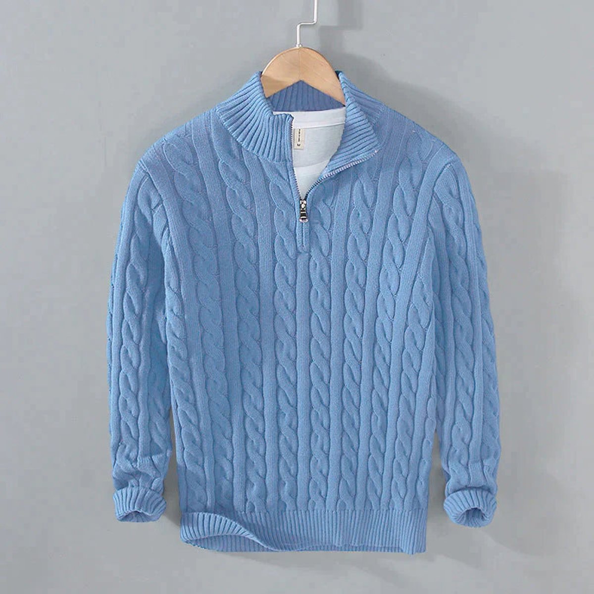 Simon | Herren Half-Zip Zopfmuster Pullover — Baumwoll-Wollmischung mit Stehkragen in 5 Farben | Westmere