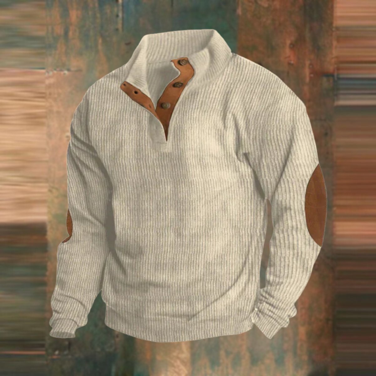 Maximilian | Herren Retro Rippstrick Pullover — Knopfkragen mit Ellbogenpatches in 5 Farben | Westmere