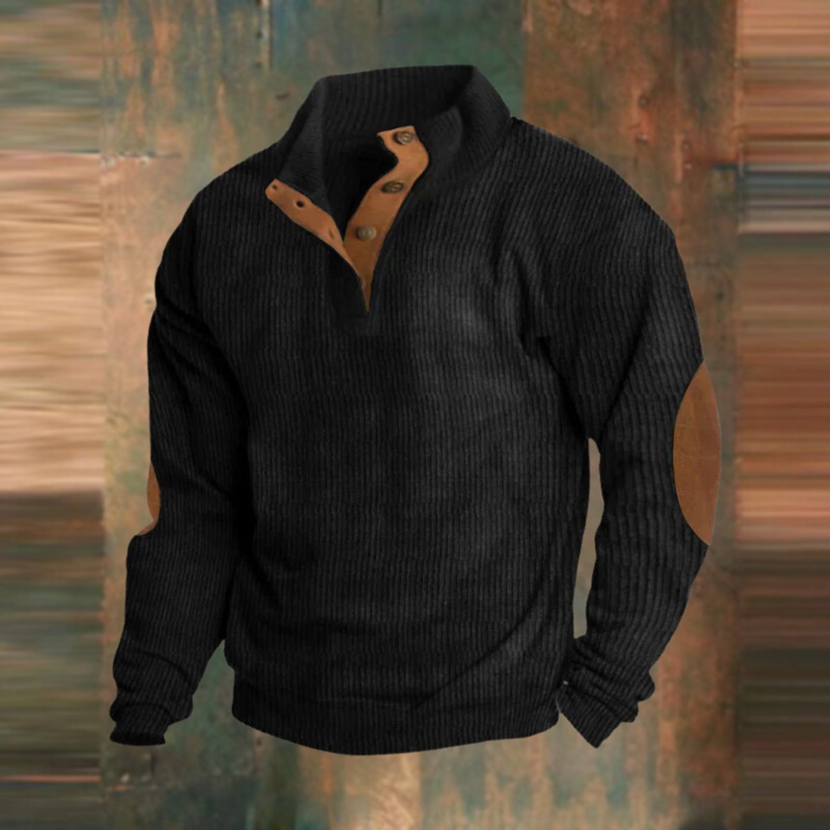 Maximilian | Herren Retro Rippstrick Pullover — Knopfkragen mit Ellbogenpatches in 5 Farben | Westmere