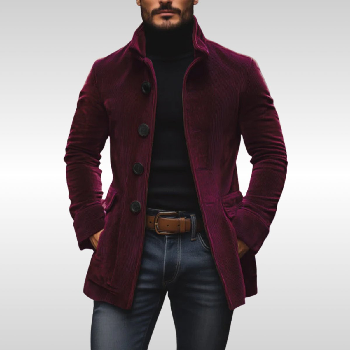 Matthias | Herren Slim-Fit Cord Wool Coat — Holzknöpfe mit Stehkragen Vintage-Charme in 4 Farben | Westmere