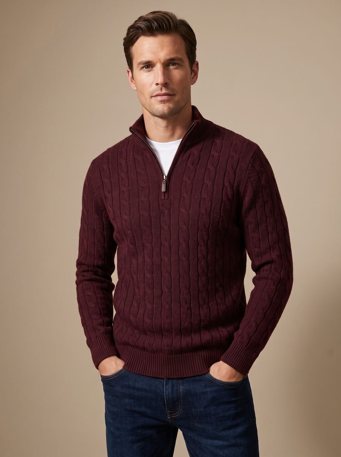 Florian | Herren Zopfstrick-Troyer Pullover — Reißverschlusskragen mit Rippbündchen in 11 Farben | Westmere