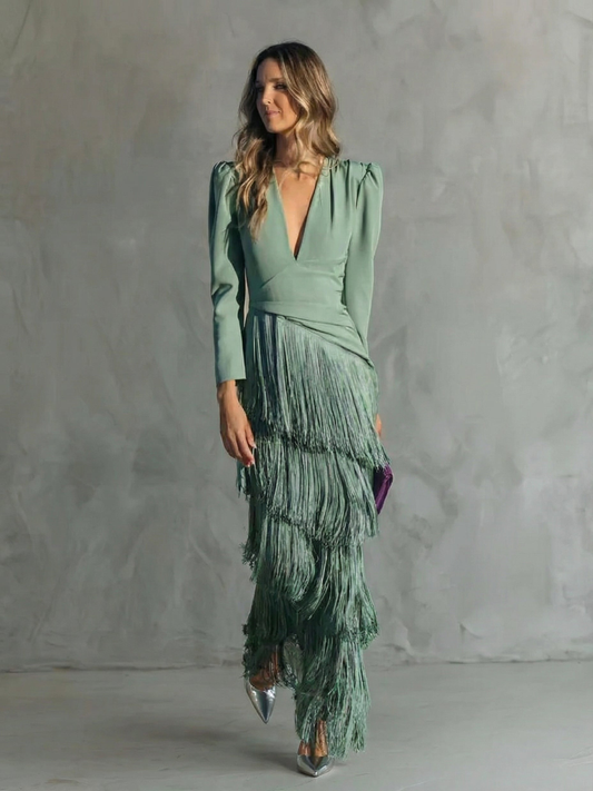 Chloe™ | Elegant midi dress with fringe sleeves
