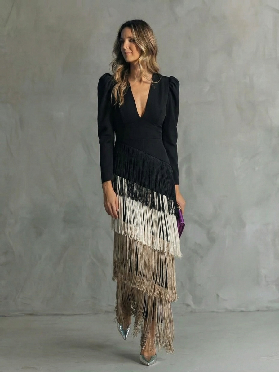 Chloe™ | Elegant midi dress with fringe sleeves