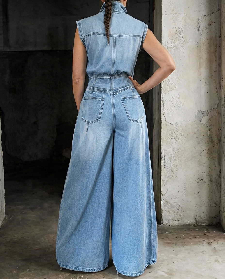 Valen™ | Cinched Waist Wide Leg Denim Jumpsuit