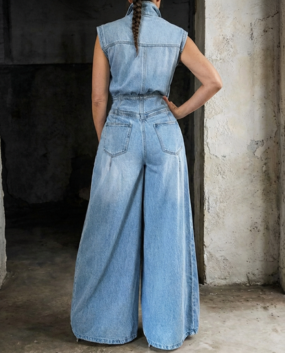 Valen™ | Cinched Waist Wide Leg Denim Jumpsuit