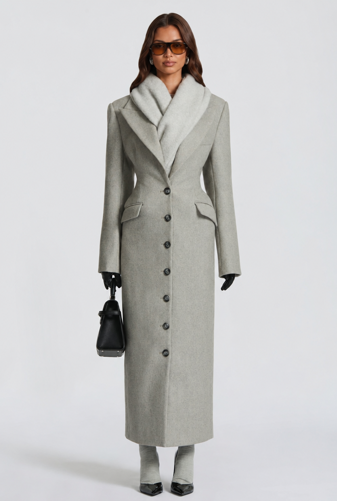Kristina Womens Long Wool Coat with Fitted Waist