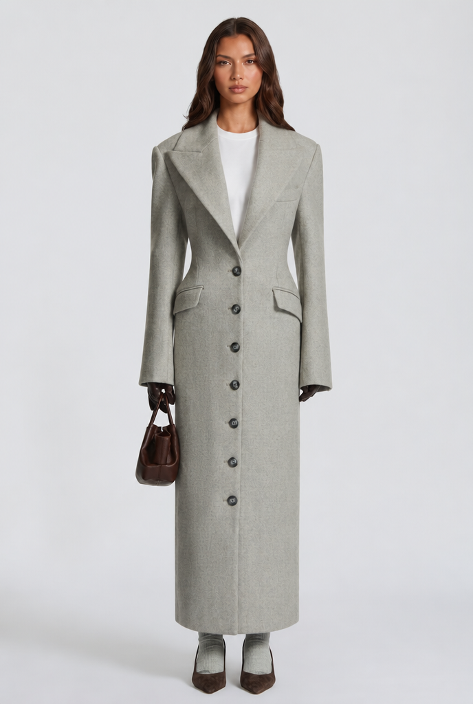Kristina Womens Long Wool Coat with Fitted Waist in Light Gray