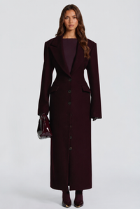 Kristina | Womens Long Wool Coat with Fitted Waist | Peak Lapel, Back Belt, Flared Hem | Burgundy, Light Gray XS-XL