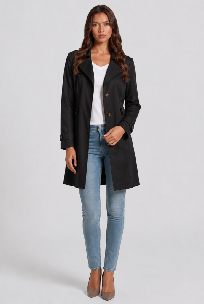 Katrina Womens Short Trench Coat, Fit and Flare in Black