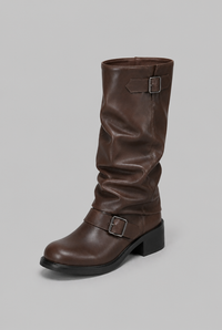 Kimberly | Womens Knee-High Slouchy Biker Boots, Double Buckle | Faux Leather, Block Heel | Brown, Black Sizes US 4.5-8.5