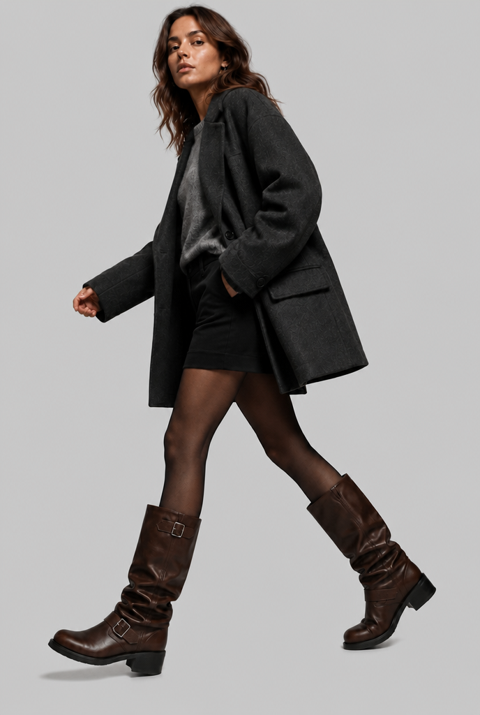 Kimberly Womens Knee-High Slouchy Biker Boots with Double Buckle