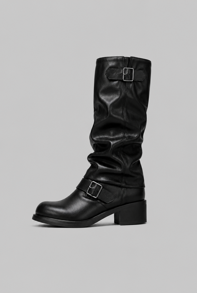 Kimberly Womens Knee-High Slouchy Biker Boots with Double Buckle