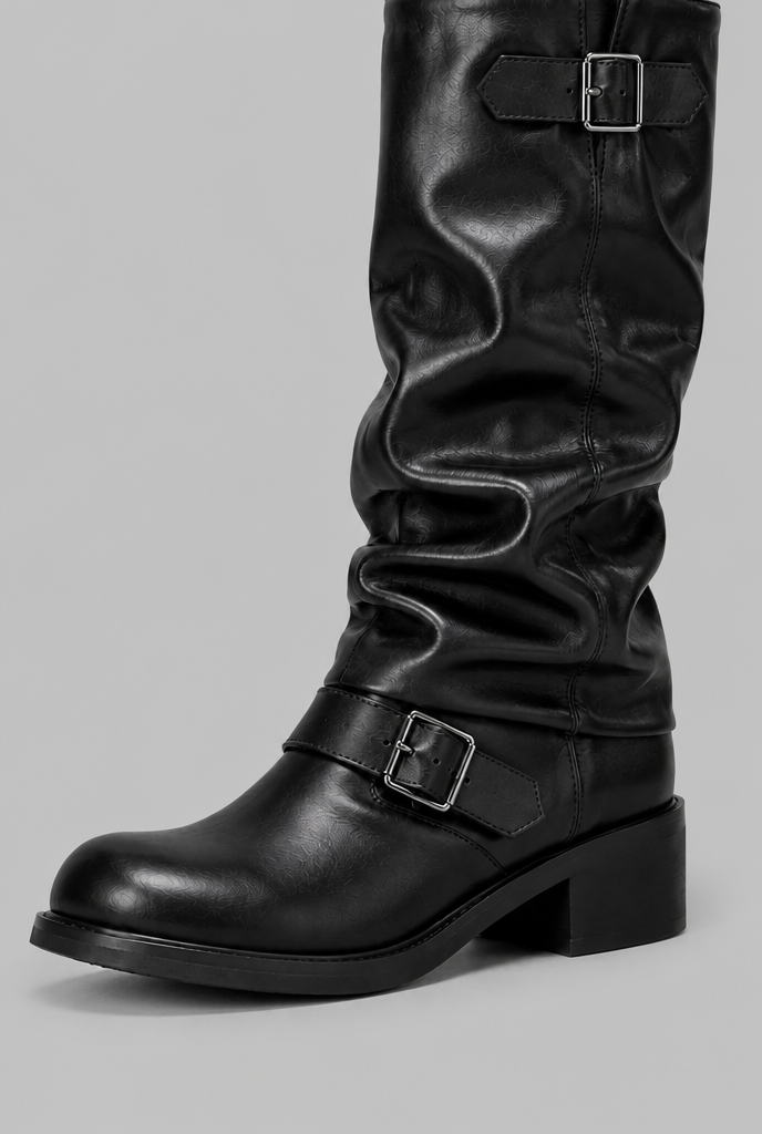 Kimberly Womens Knee-High Slouchy Biker Boots with Double Buckle