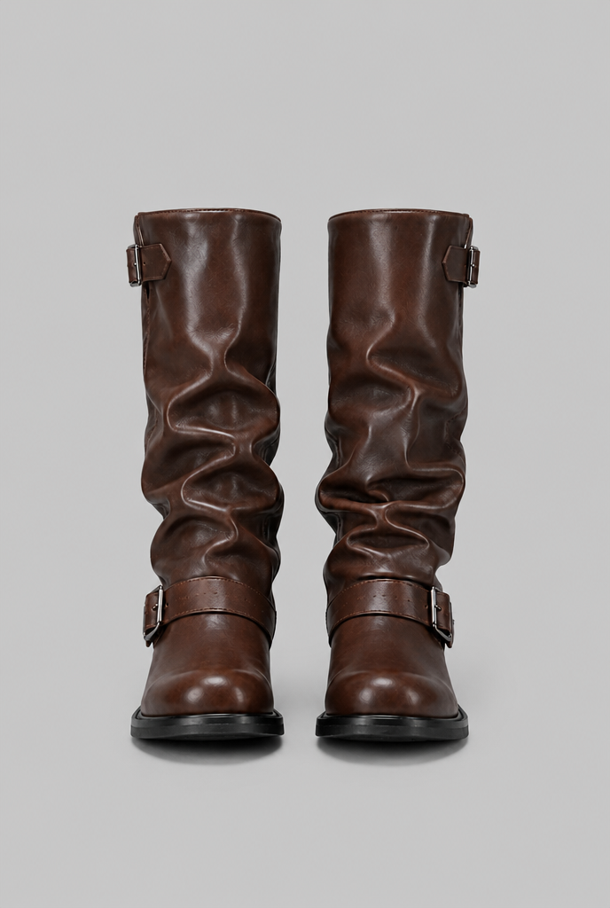 Kimberly Womens Knee-High Slouchy Biker Boots with Double Buckle