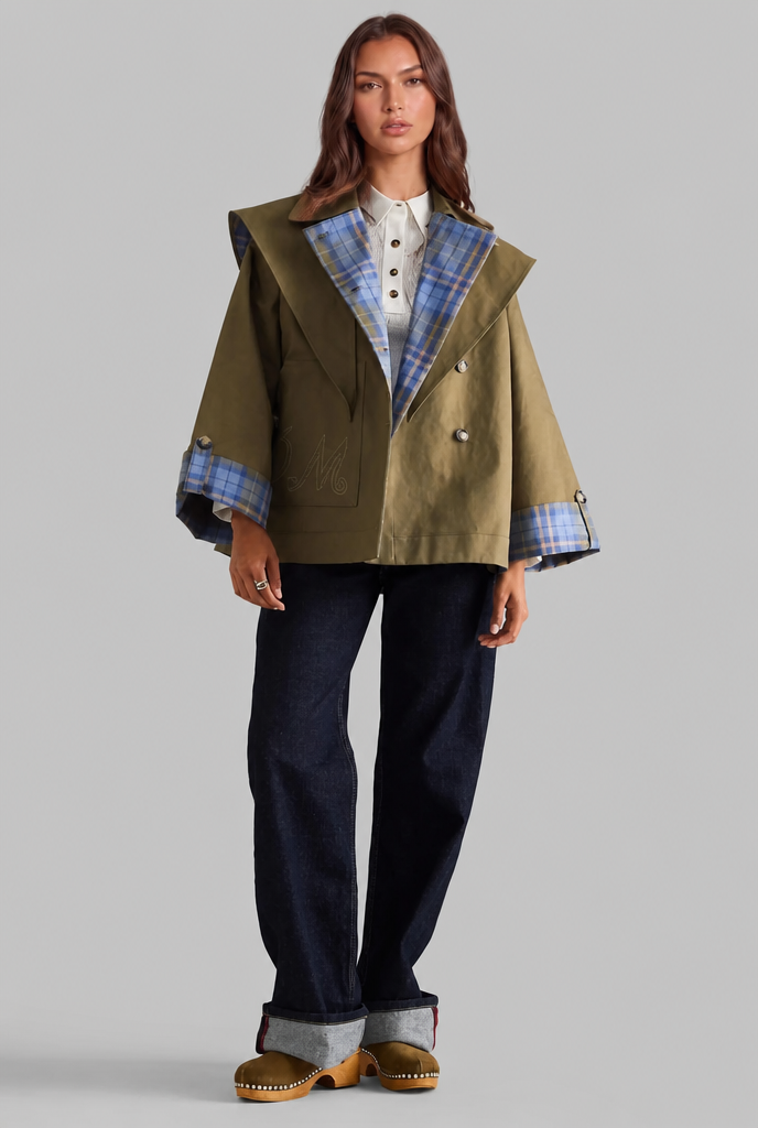Tabitha Womens Reversible Trench Coat with Plaid Lining