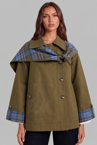 Tabitha | Womens Reversible Trench Coat with Plaid Lining | Oversized Shawl Collar, Patch Pockets | Green XS-XL