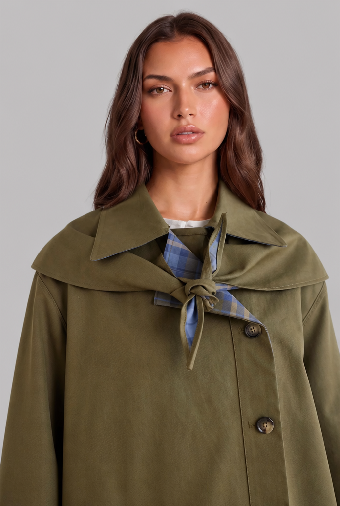 Tabitha Womens Reversible Trench Coat with Plaid Lining