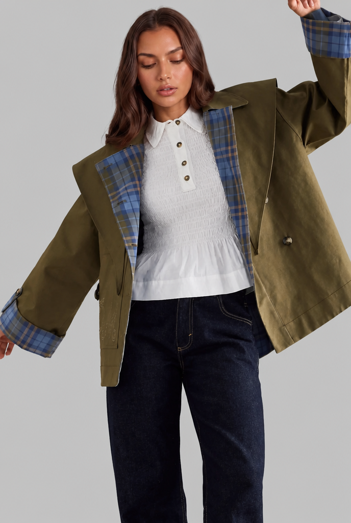 Tabitha Womens Reversible Trench Coat with Plaid Lining