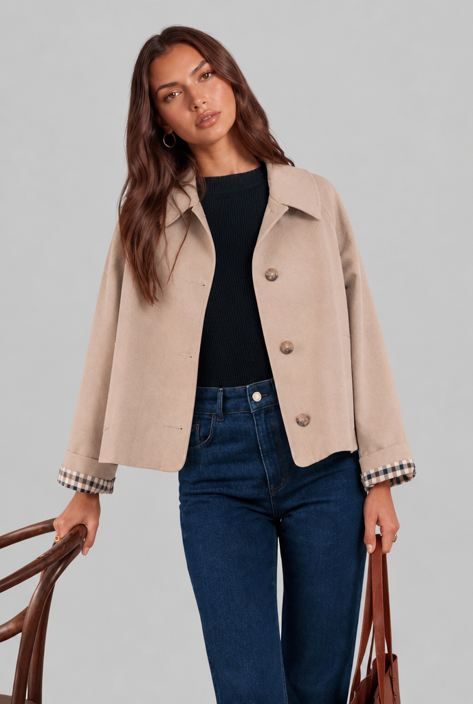 Desiree Womens Cropped Trench Jacket with Plaid Lining in Beige