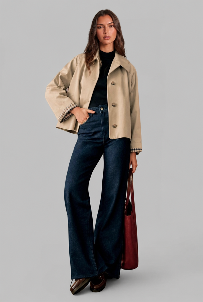 Desiree Womens Cropped Trench Jacket with Plaid Lining