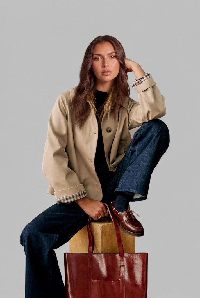 Desiree Womens Cropped Trench Jacket with Plaid Lining