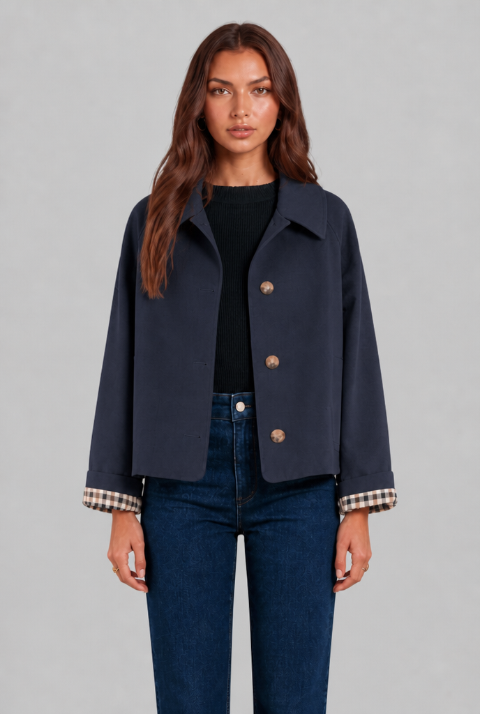 Desiree Womens Cropped Trench Jacket with Plaid Lining in Navy
