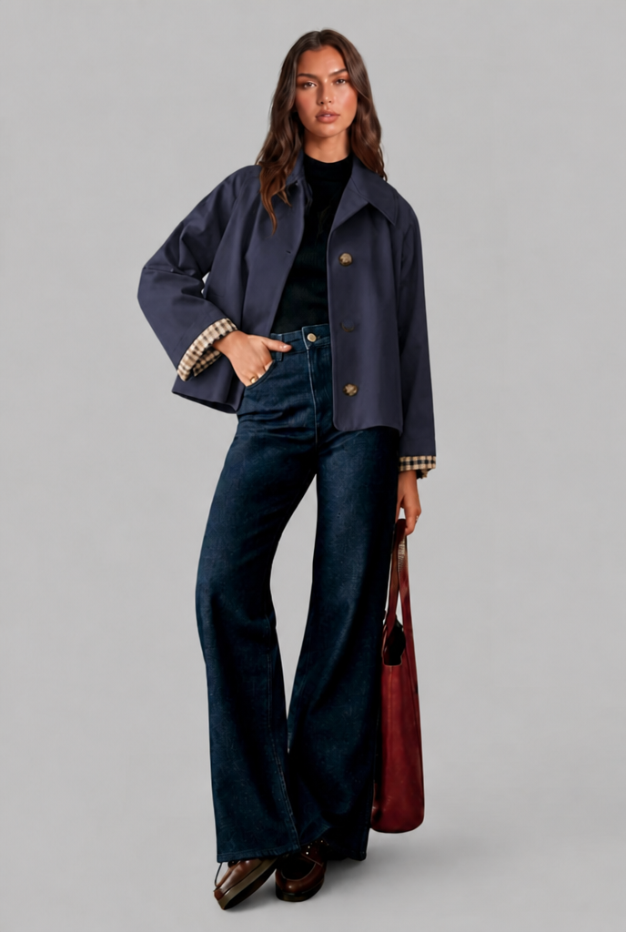 Desiree Womens Cropped Trench Jacket with Plaid Lining