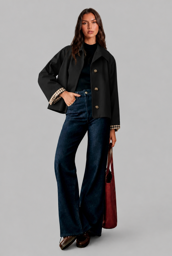 Desiree Womens Cropped Trench Jacket with Plaid Lining