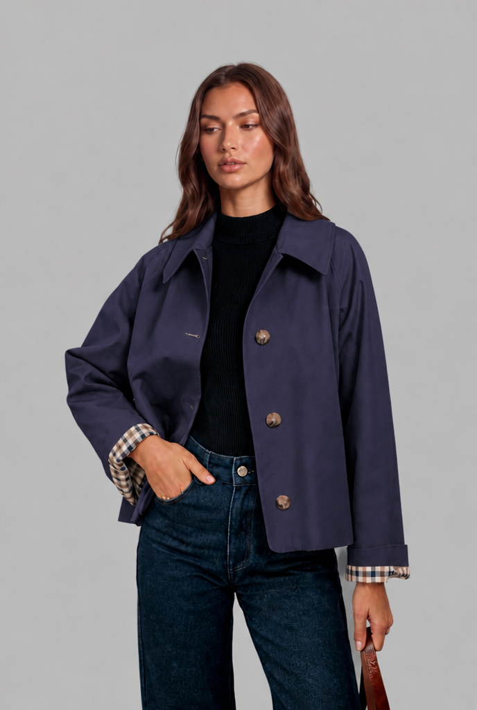 Desiree Womens Cropped Trench Jacket with Plaid Lining