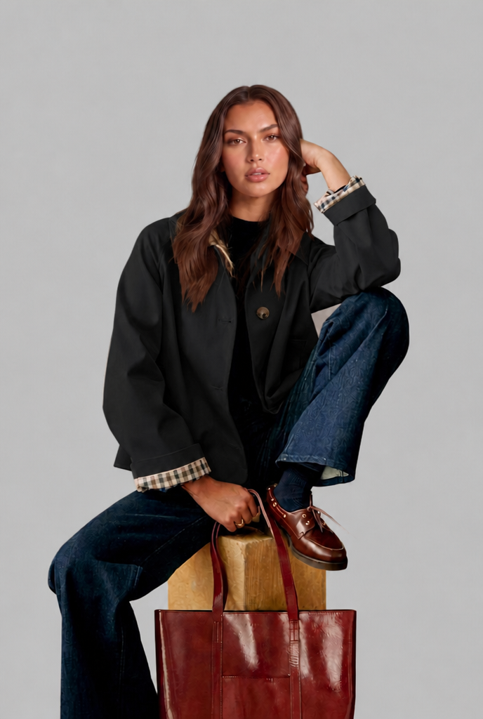 Desiree Womens Cropped Trench Jacket with Plaid Lining