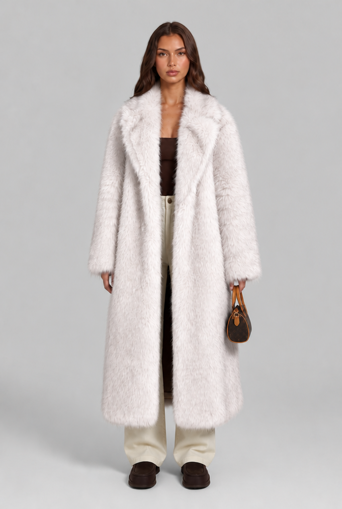Alexandra Womens Long Faux Fur Coat with Notched Collar in White