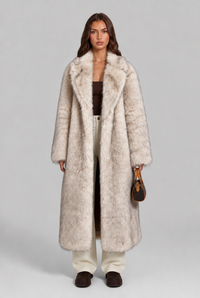 Alexandra | Womens Long Faux Fur Coat with Notched Collar | Open Front, Longline Cut | Beige, Brown, White and More XS-XL