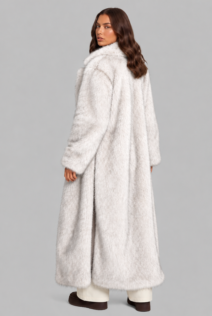 Alexandra Womens Long Faux Fur Coat with Notched Collar