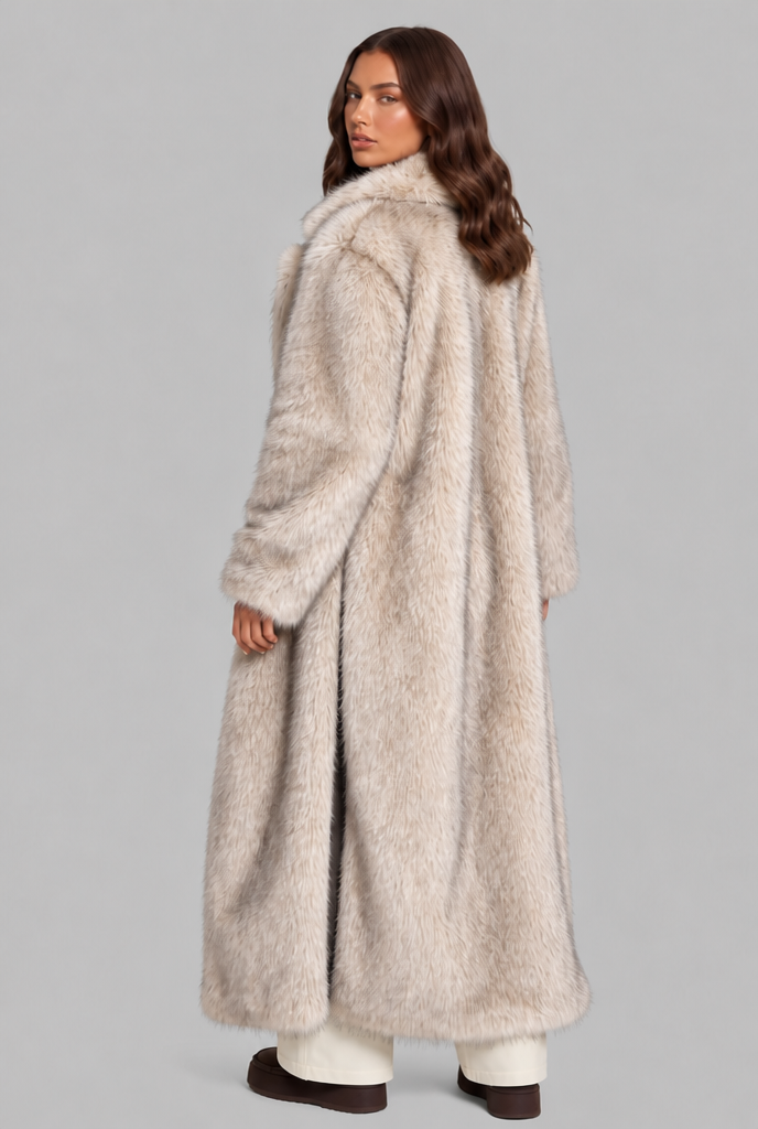 Alexandra Womens Long Faux Fur Coat with Notched Collar