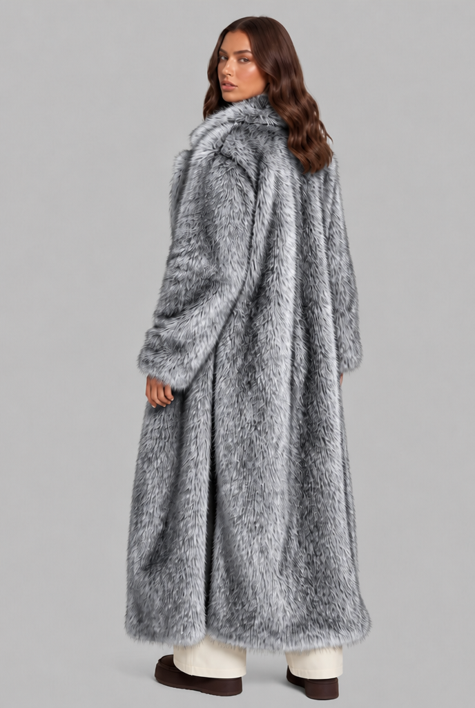 Alexandra Womens Long Faux Fur Coat with Notched Collar