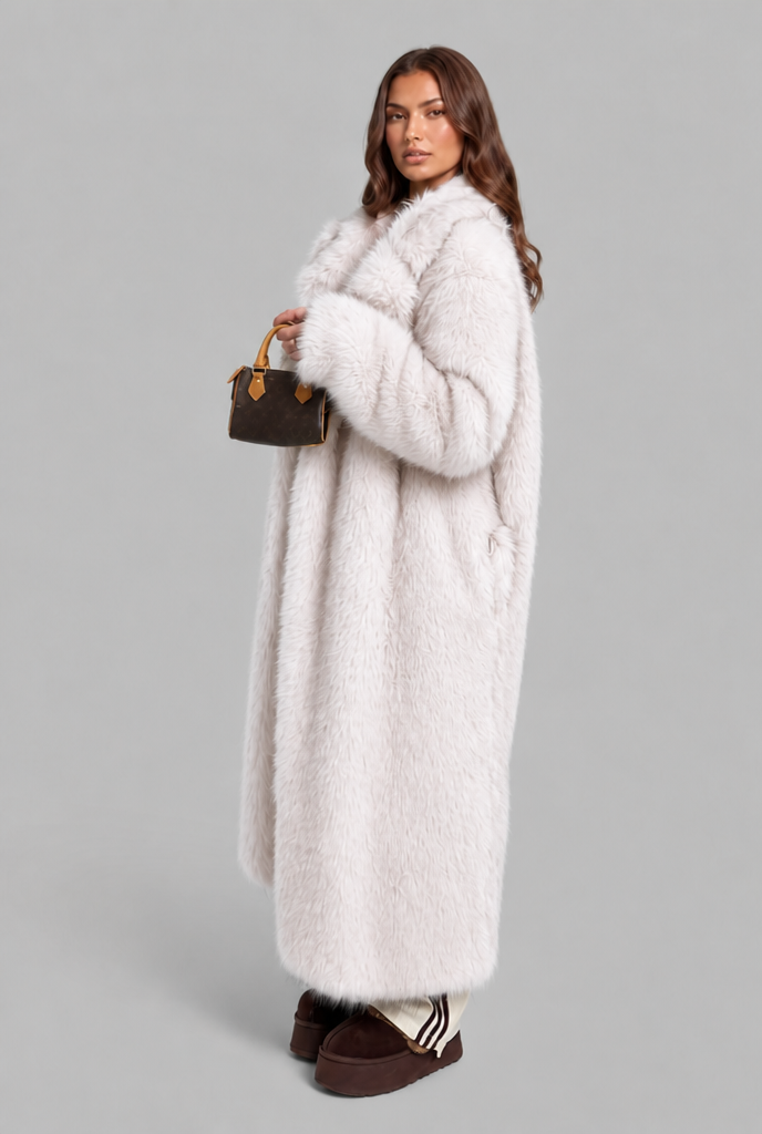 Alexandra Womens Long Faux Fur Coat with Notched Collar