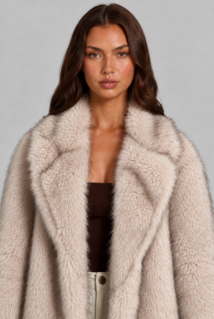Alexandra Womens Long Faux Fur Coat with Notched Collar
