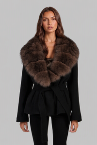 Christine | Womens Belted Wool Coat with Faux Fur Collar | Oversized Collar, Self-Tie Belt | Black Sizes XS-XL