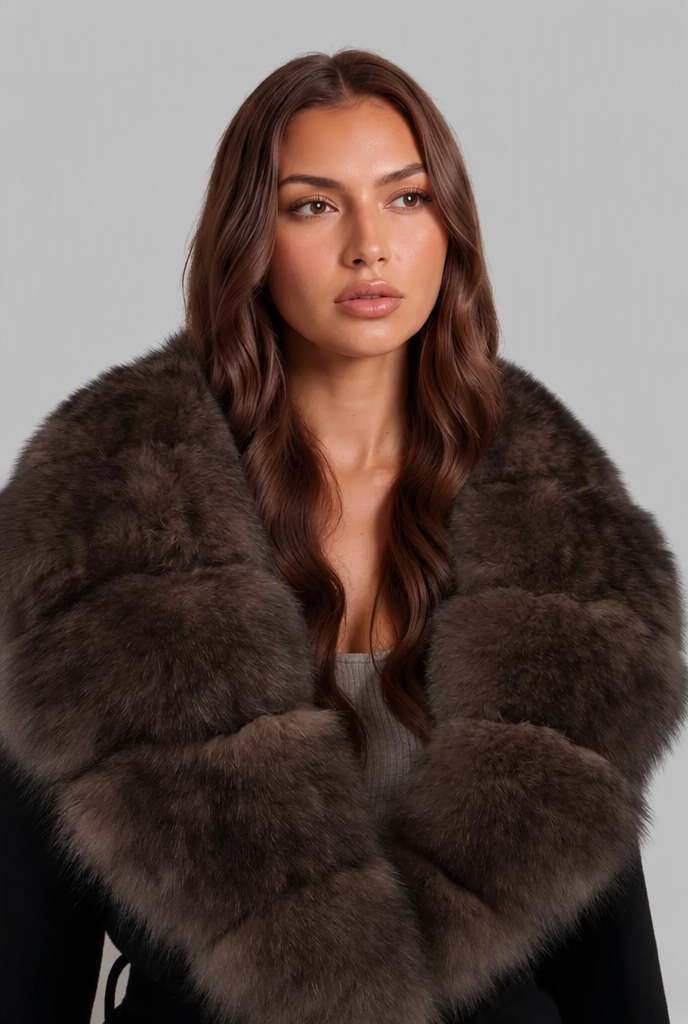Christine Womens Belted Wool Coat with Faux Fur Collar