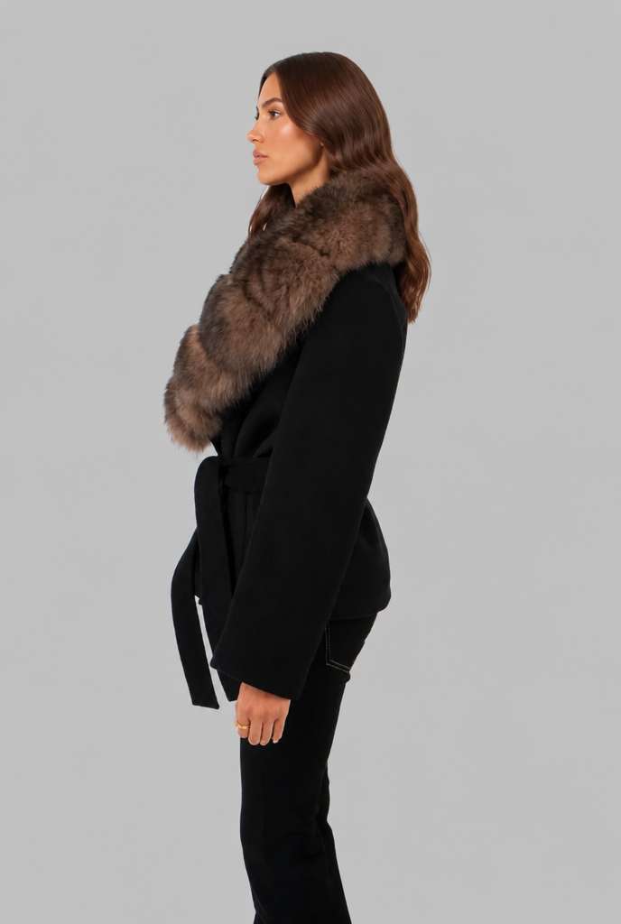 Christine Womens Belted Wool Coat with Faux Fur Collar