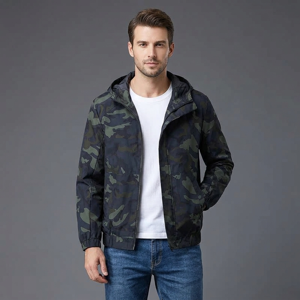 Joel Mens Camo Hooded Jacket, Wind and Water Resistant