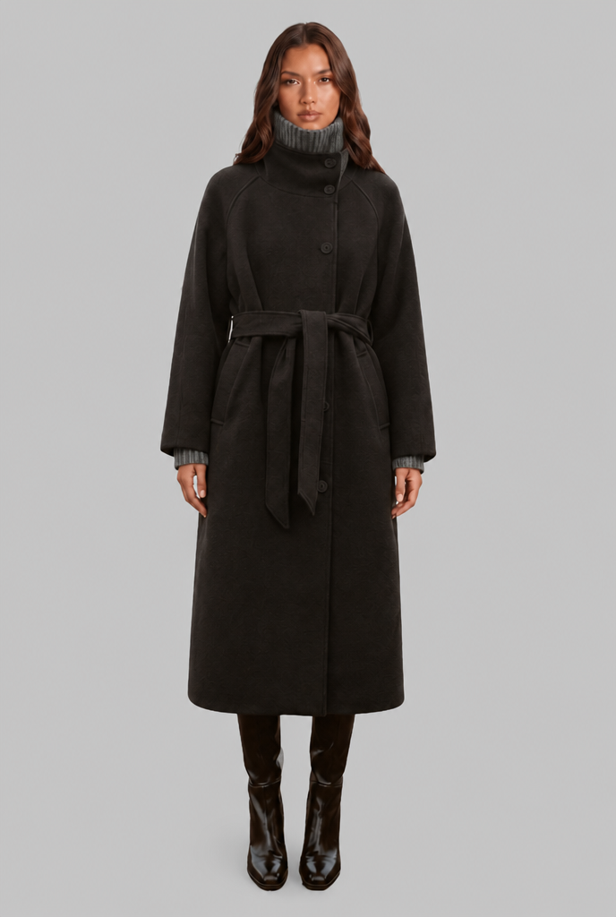 Courtney Womens Belted Longline Wool Coat in Brown