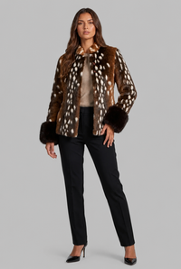 Kathleen | Womens Faux Fur Jacket with Contrast Cuffs | Point Collar, Button Front, Fitted Cut | Brown Sizes XS-XL