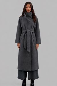 Courtney | Womens Belted Longline Wool Coat | Stand Collar, Raglan Sleeves, Pockets | Gray, Brown and Black XS-XL