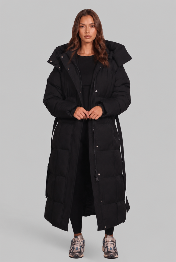 Luciana Womens Long Puffer Coat with Oversized Hood in Black