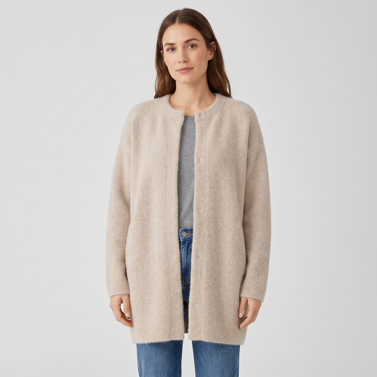 Shannon Womens Wool Cardigan with Suede Details in Beige
